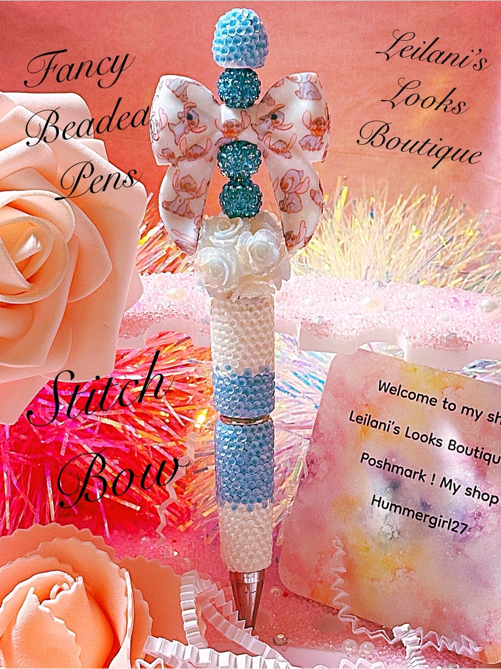 Handmade Beaded Bow Pen in White and Light Blue/ Fancy beaded Pen/gifts/stitch/